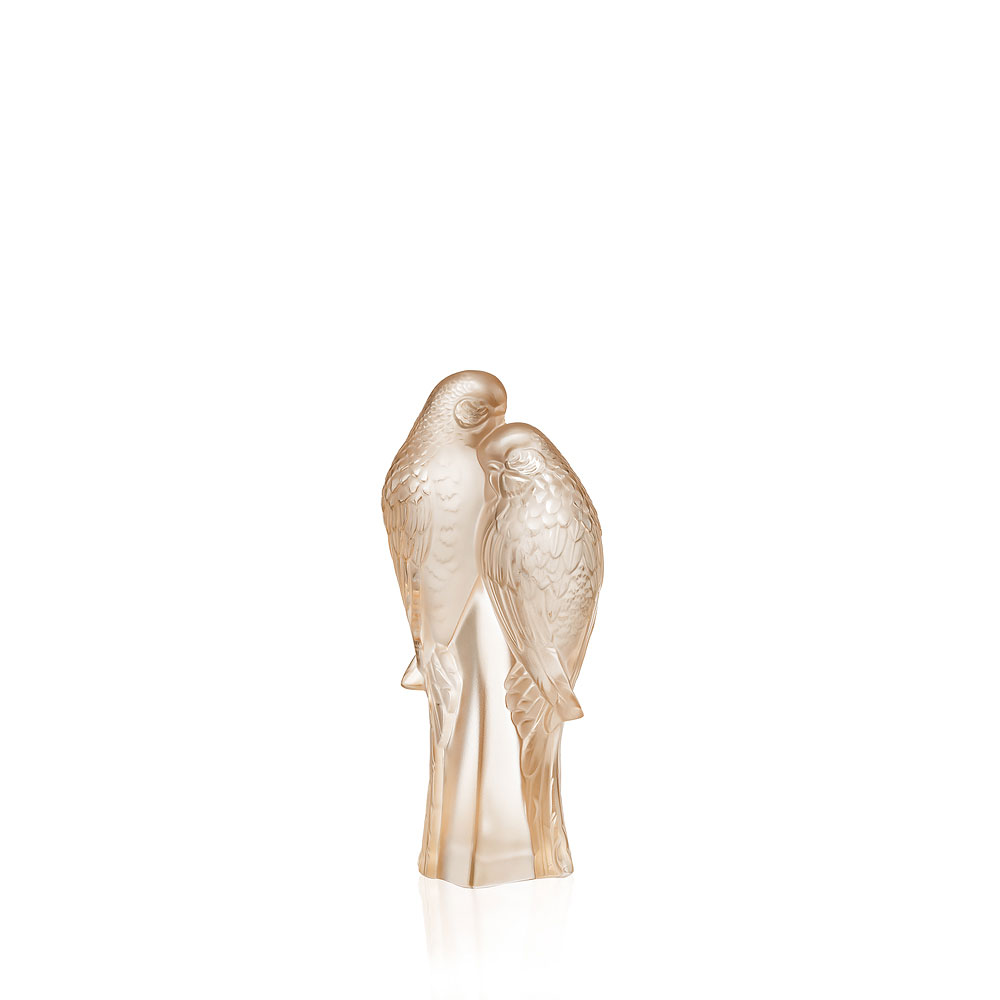 Lalique Two Parakeets Sculpture, Gold Luster